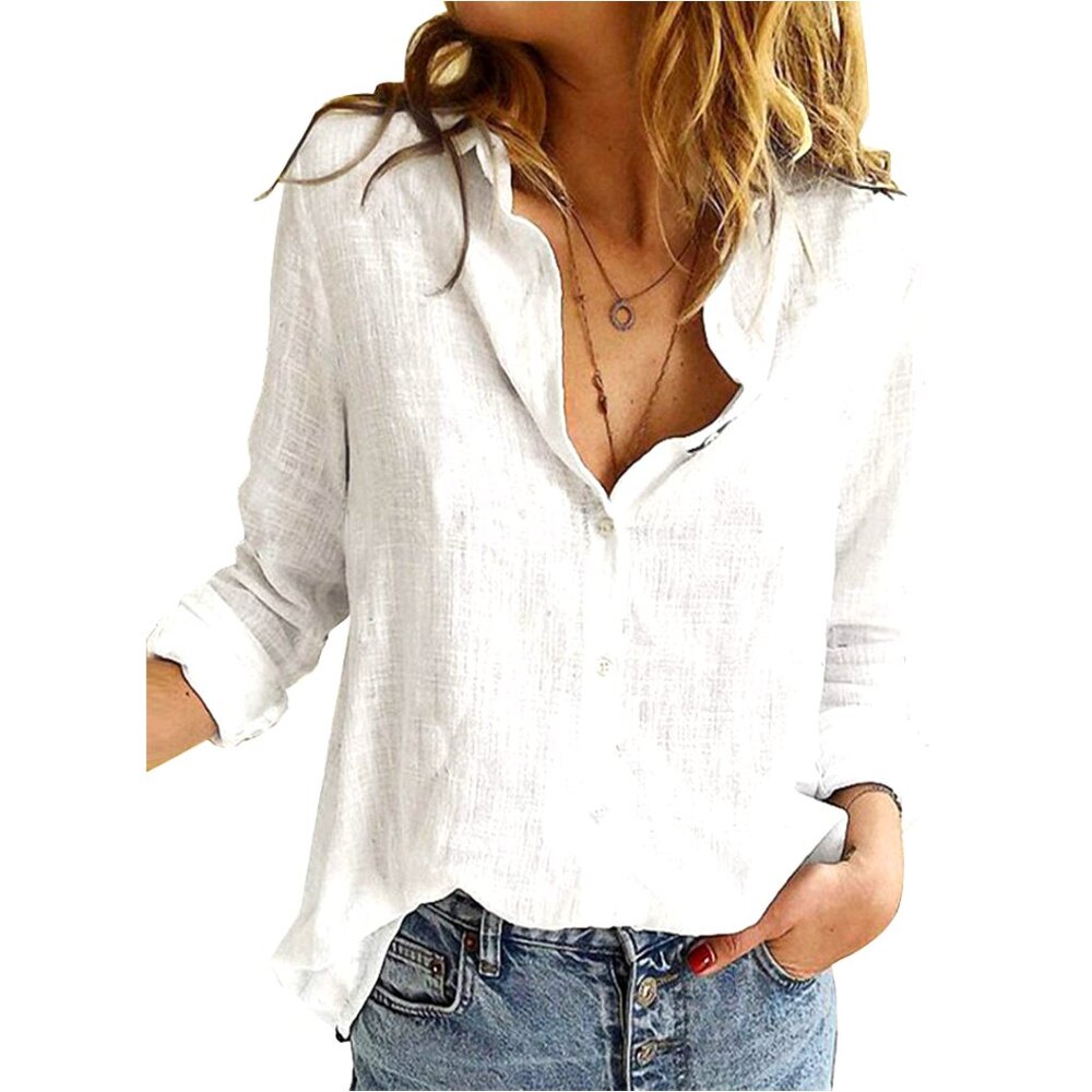 V Neck Button Down Blouse Roll Up Sleeves Loose Fit Lightweight Chic Top